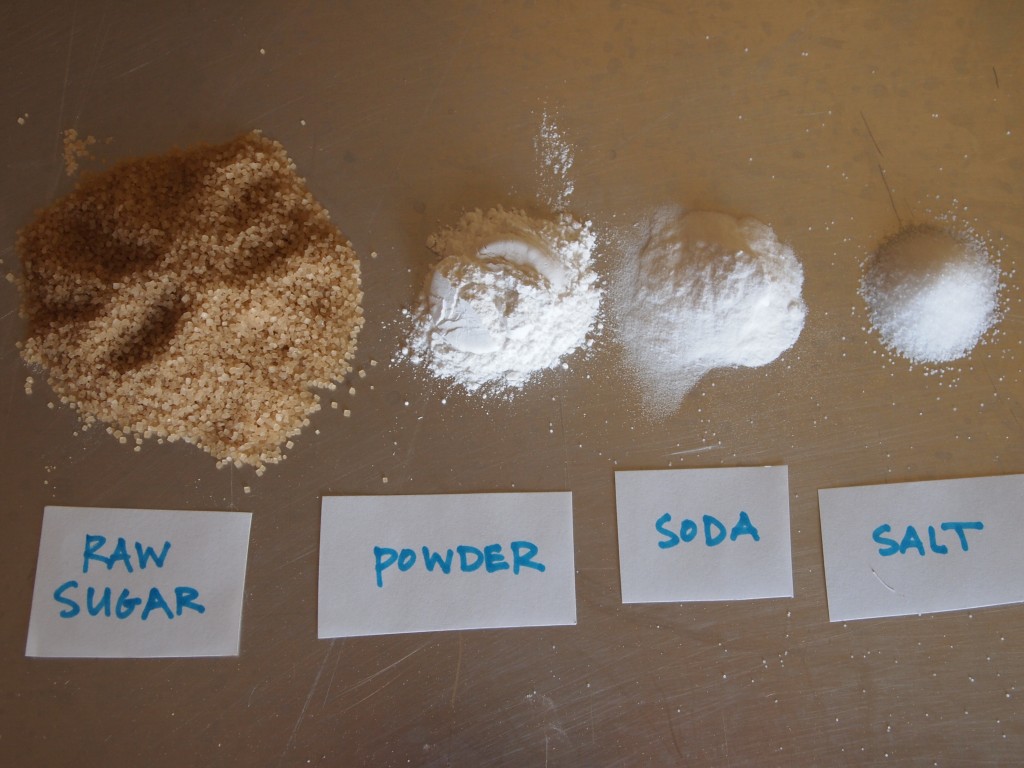 sugar, powder, soda, salt