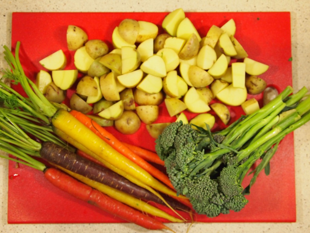 carrots, broccolini, potatoes