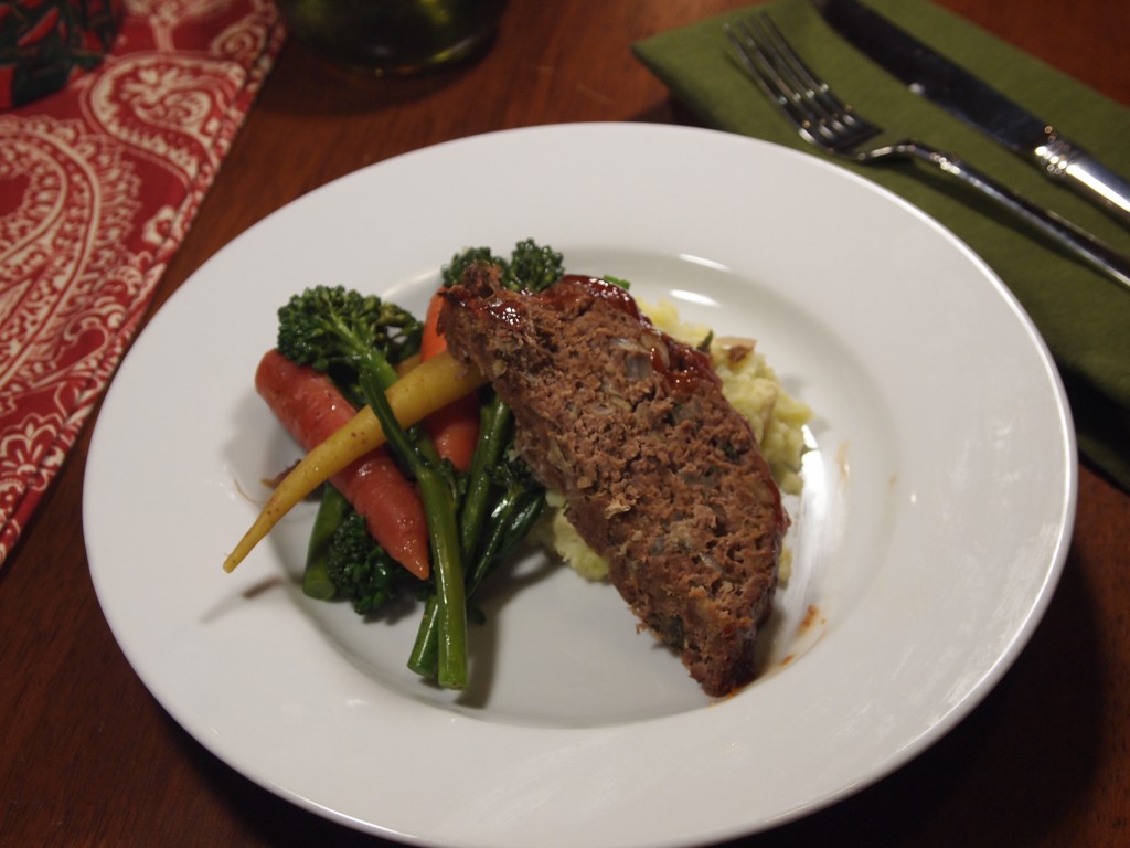 meatloaf with potato/parsnip mash and steamed veggies