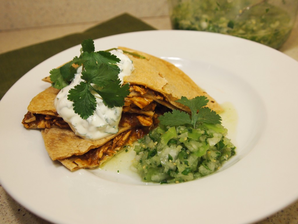 chicken and mole quesadilla with salsa verde