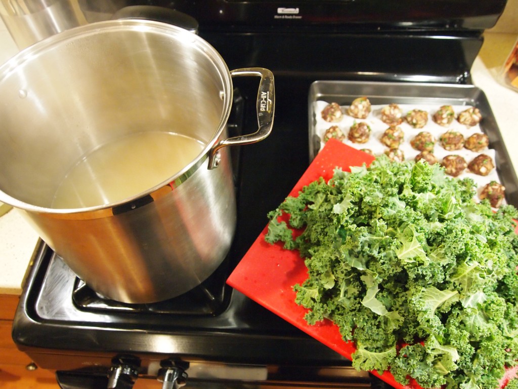 broth, kale and meatballs